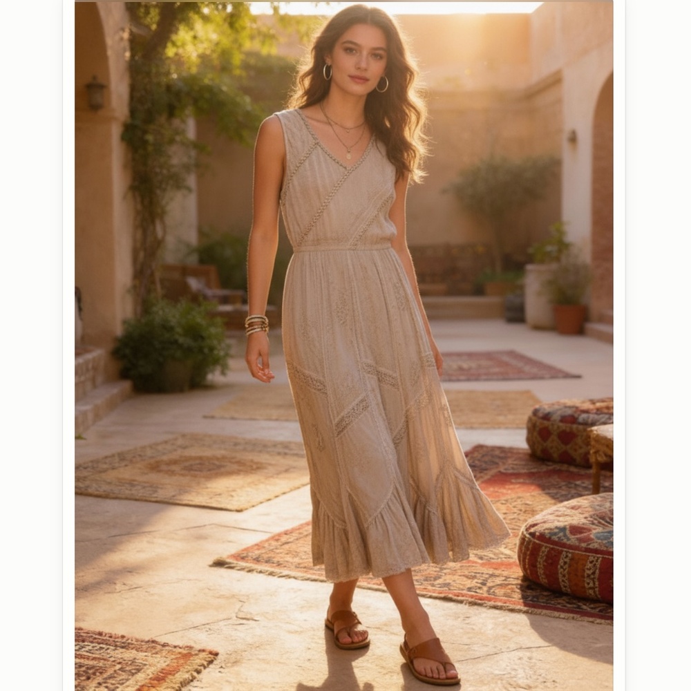 Flower Beige Linen Blend Embroidered‎ Maxi Dress Bohemian Tie Back Size S Flowy